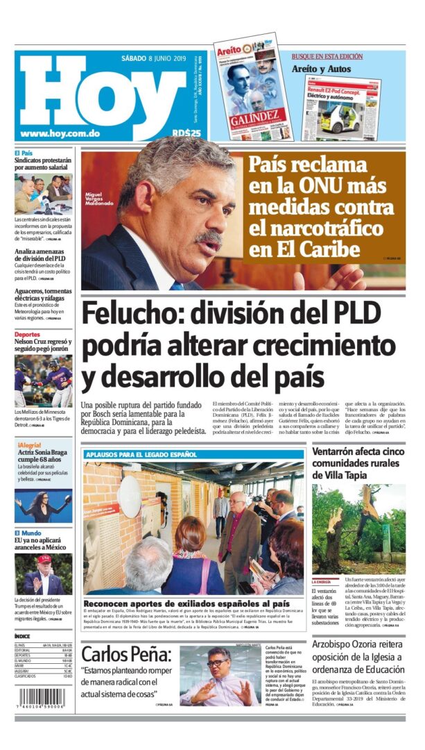 Portada Periódico El Nuevo Diario, Sábado 08 Junio 2019