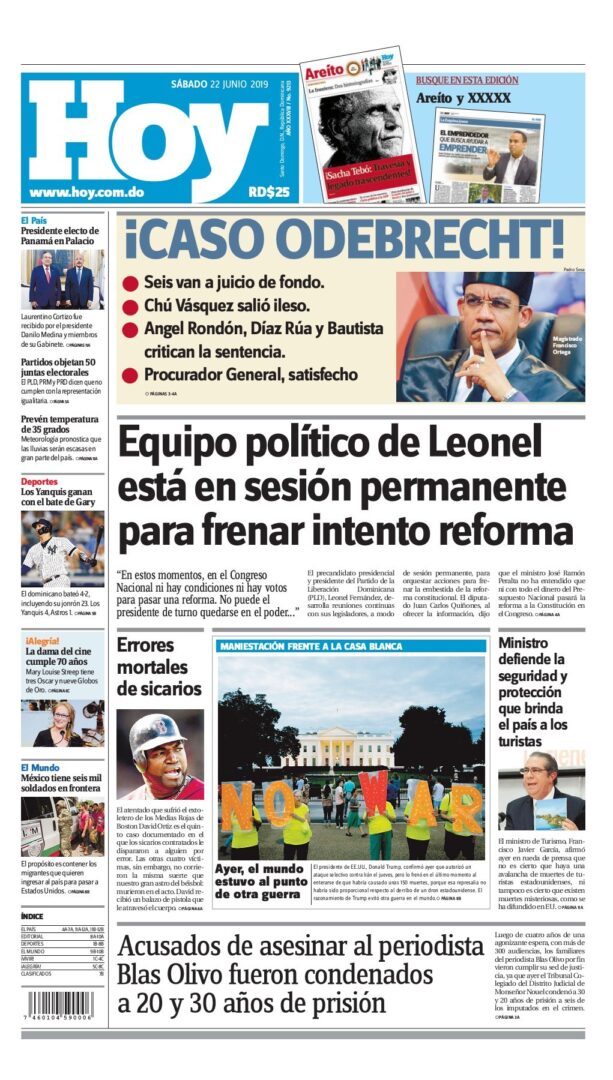 Portada Periódico Hoy, Sábado 22 Junio 2019