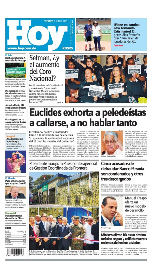 Portada Periódico Hoy, Viernes 07 Junio 2019