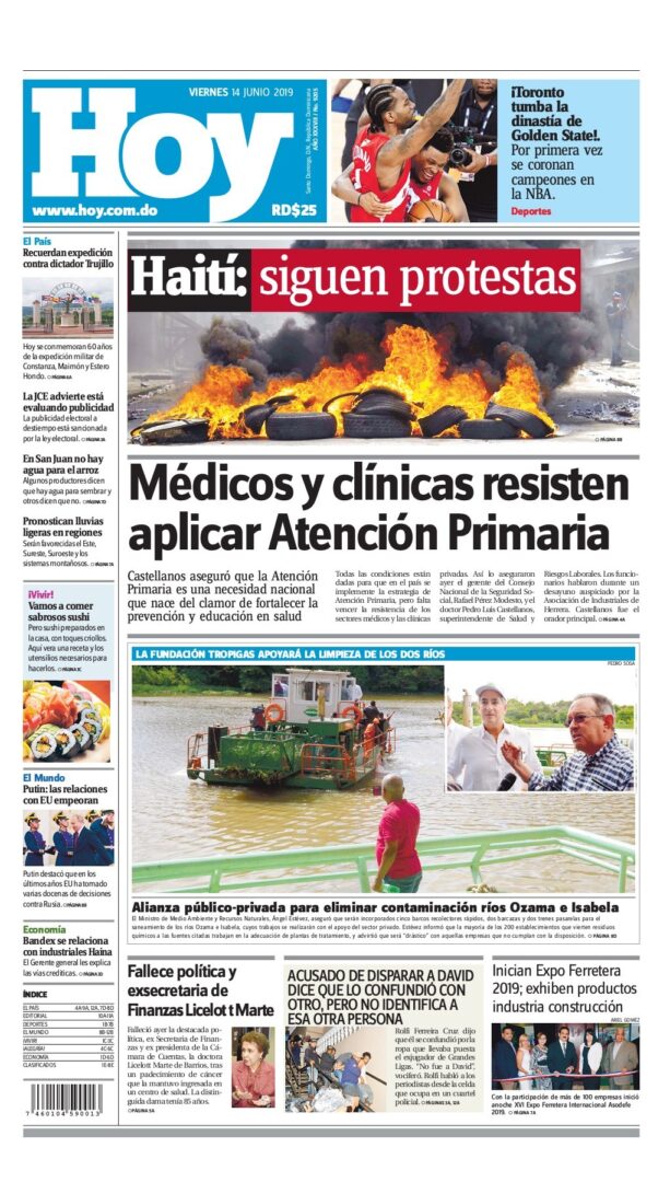 Portada Periódico Hoy, Viernes 14 Junio 2019