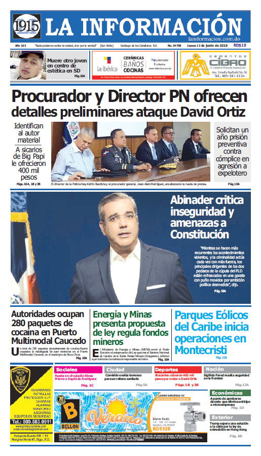 Portada Periódico La Información, Jueves 13 Junio 2019