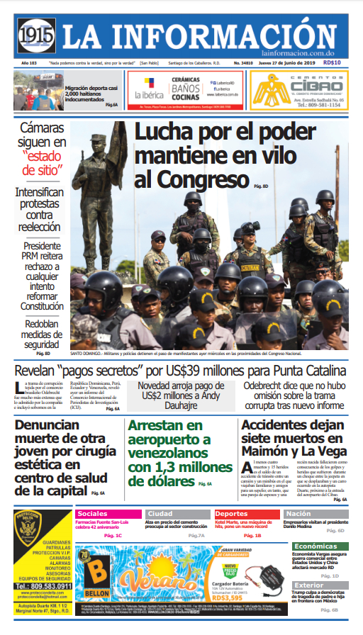 Portada Periódico La Información, Jueves 27 Junio 2019