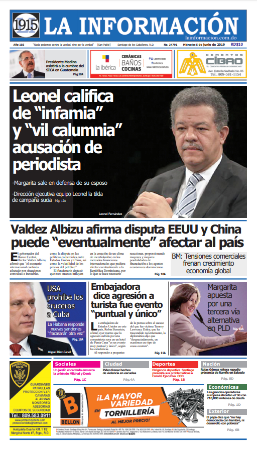 Portada Periódico La Información, Miércoles 05 Junio 2019