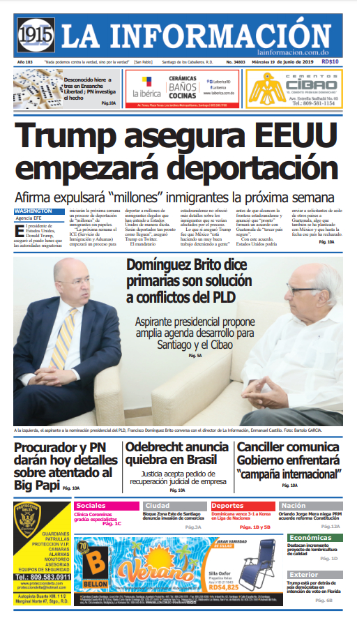 Portada Periódico La Información, Miércoles 19 Junio 2019