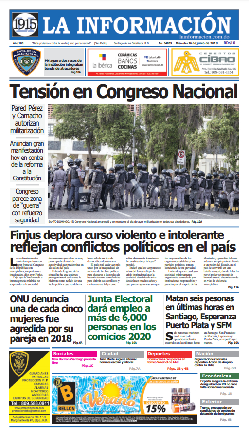 Portada Periódico La Información, Miércoles 26 Junio 2019