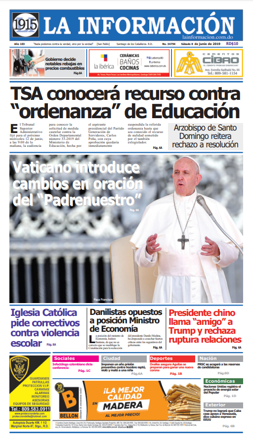 Portada Periódico La Información, Sábado 08 Junio 2019