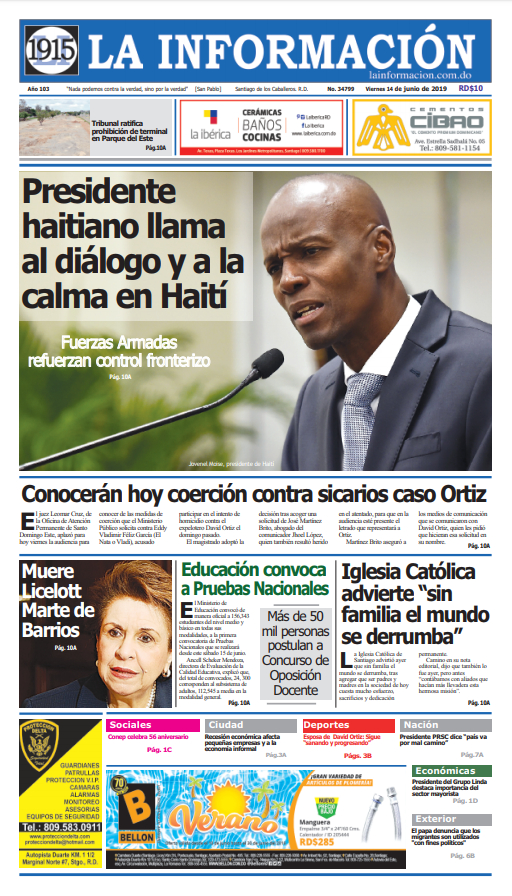 Portada Periódico La Información, Viernes 14 Junio 2019