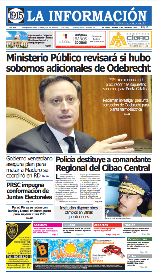 Portada Periódico La Información, Viernes 28 Junio 2019