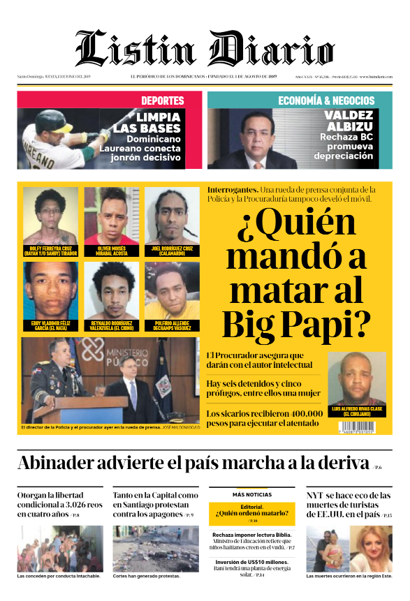 Portada Periódico Listín Diario, Jueves 13 Junio 2019
