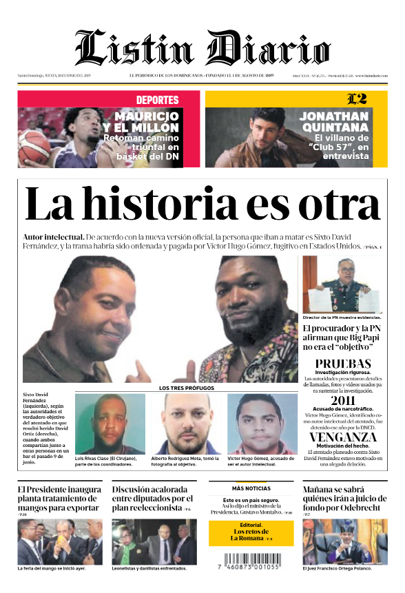 Portada Periódico Listín Diario, Jueves 20 Junio 2019