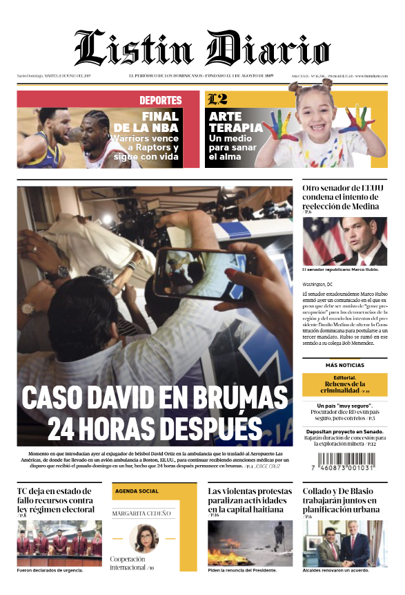 Portada Periódico Listín Diario, Martes 11 Junio 2019