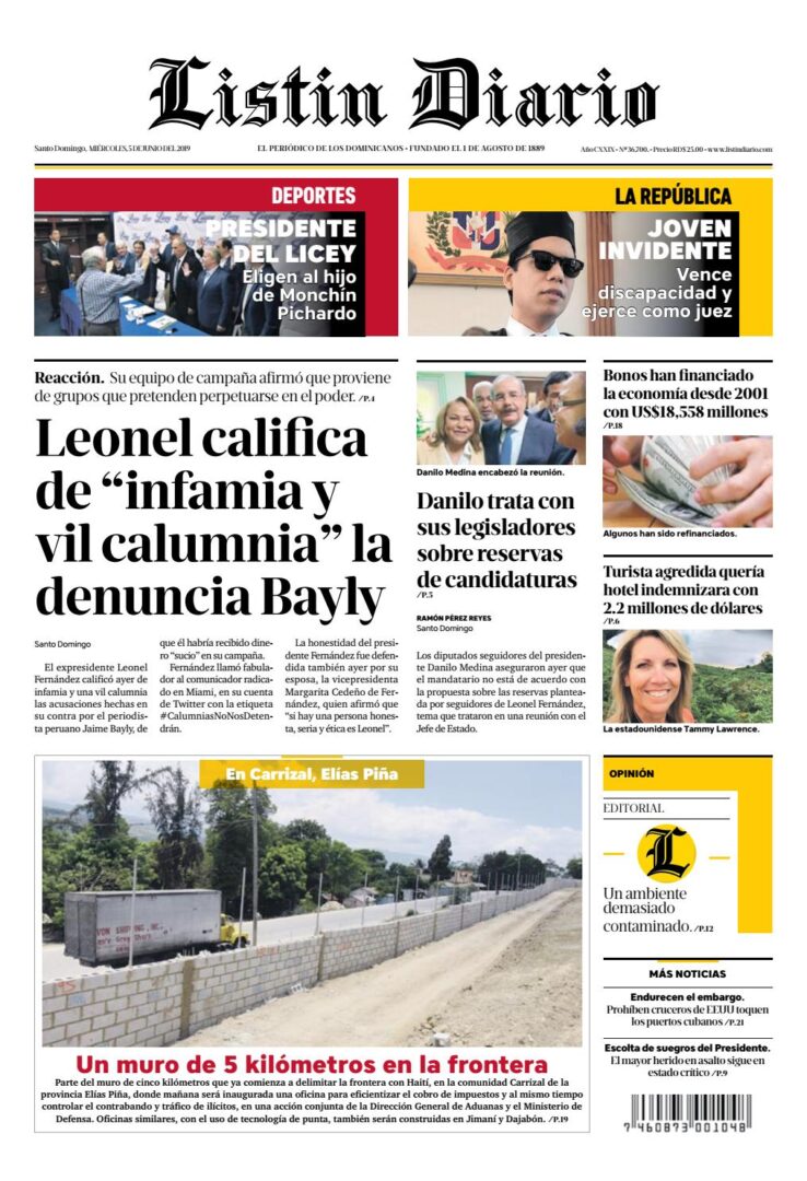 Portada Periódico Listín Diario, Miércoles 05 Junio 2019