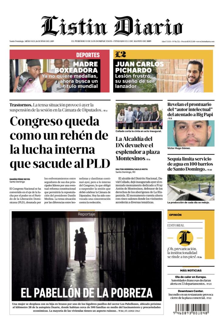 Portada Periódico Listín Diario, Miércoles 26 Junio 2019