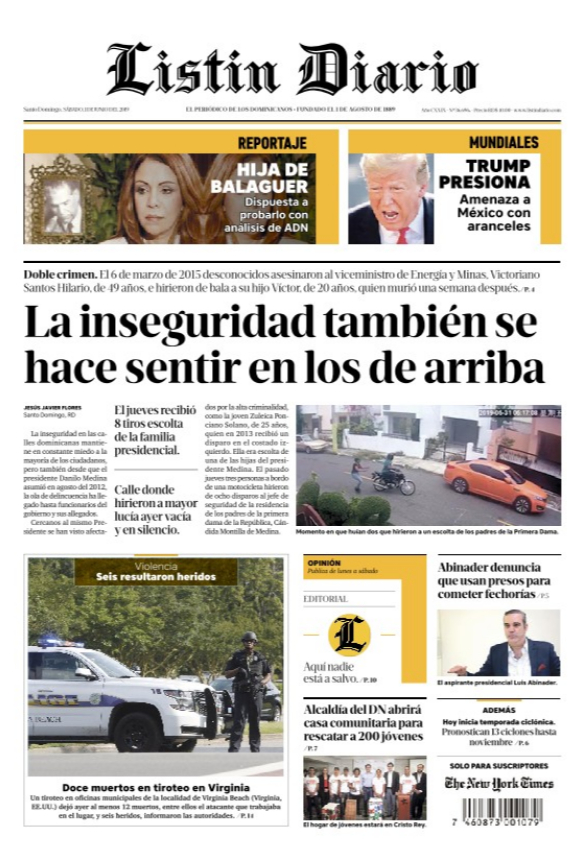 Portada Periódico Listín Diario, Sábado 01 Junio 2019