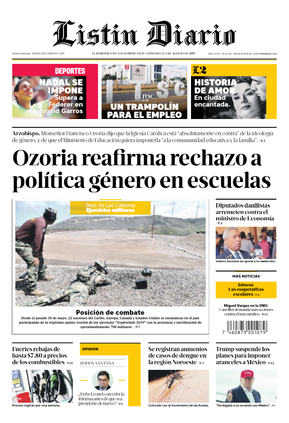 Portada Periódico Listín Diario, Sábado 08 Junio 2019