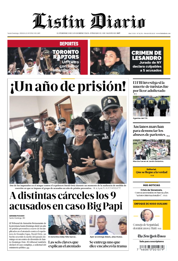 Portada Periódico Listín Diario, Sábado 15 Junio 2019