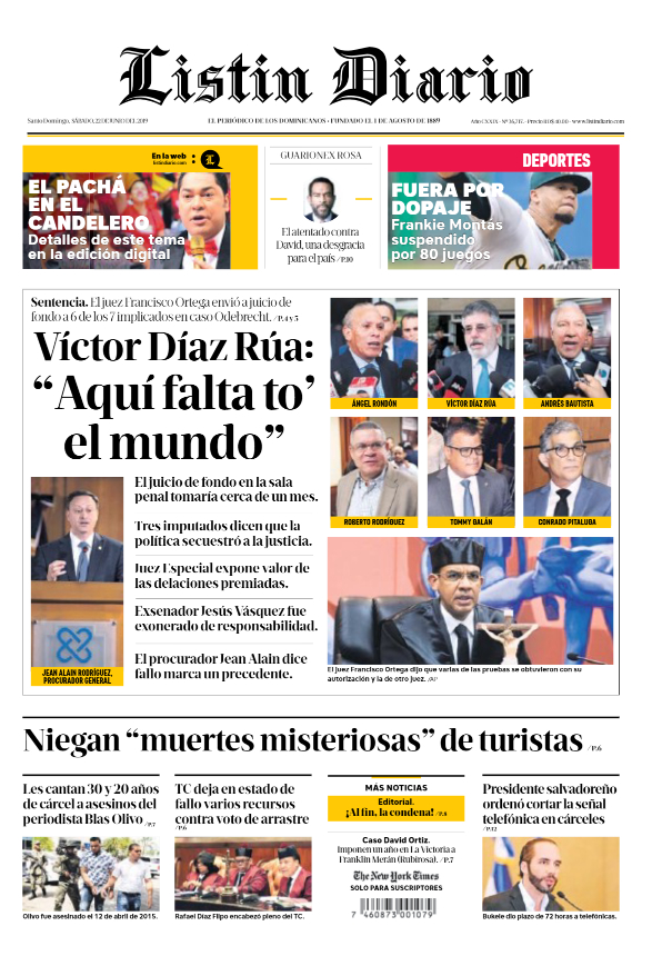 Portada Periódico Listín Diario, Sábado 22 Junio 2019