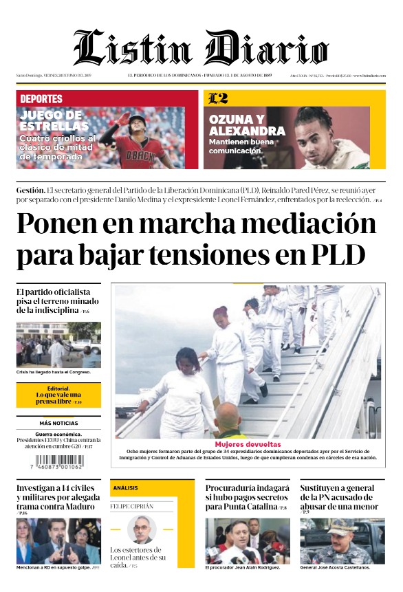Portada Periódico Listín Diario, Viernes 28 Junio 2019