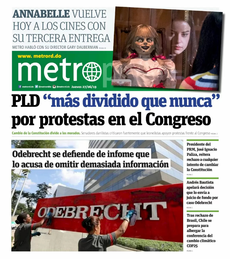 Portada Periódico Metro, Jueves 27 Junio 2019