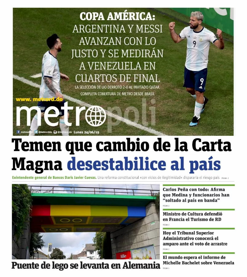 Portada Periódico Metro, Lunes 24 Junio 2019