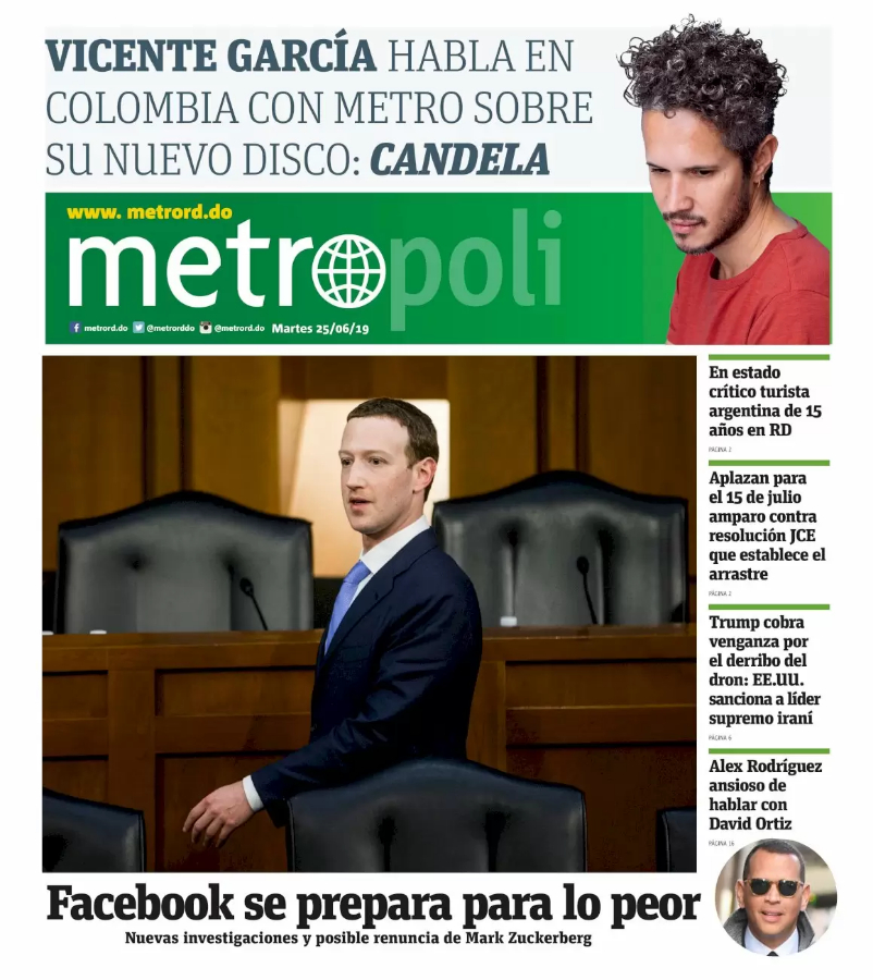Portada Periódico Metro, Martes 25 Junio 2019