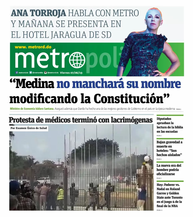 Portada Periódico Metro, Viernes 07 Junio 2019