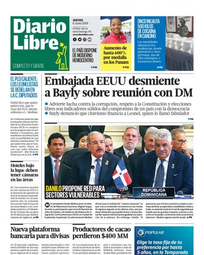 Portada Periódico Diario Libre, Jueves 06 Junio 2019