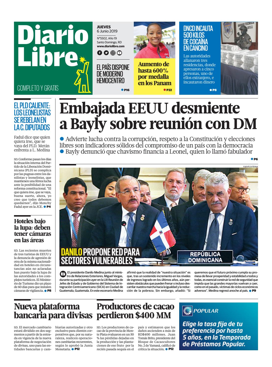 Portada Periódico Diario Libre, Jueves 06 Junio 2019