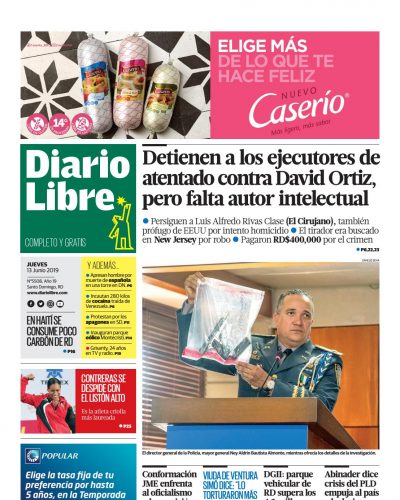 Portada Periódico Diario Libre, Jueves 13 Junio 2019
