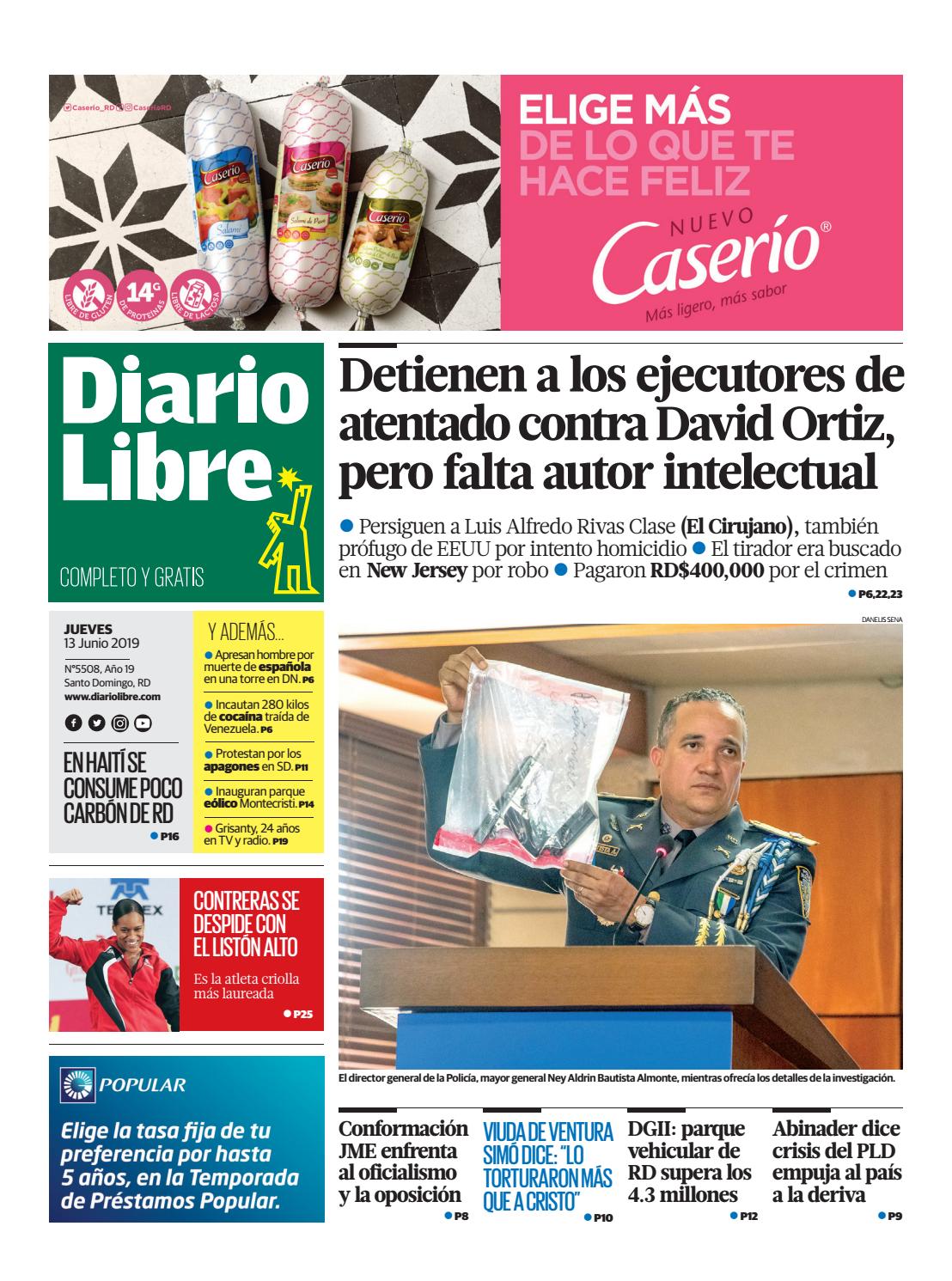 Portada Periódico Diario Libre, Jueves 13 Junio 2019