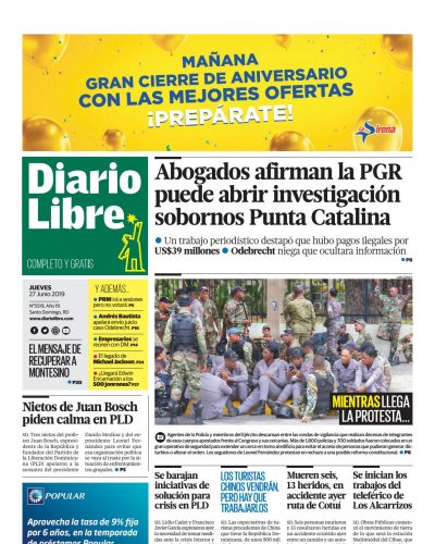 Portada Periódico Diario Libre, Jueves 27 Junio 2019