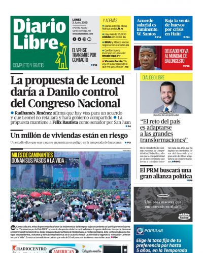 Portada Periódico Diario Libre, Lunes 03 Junio 2019