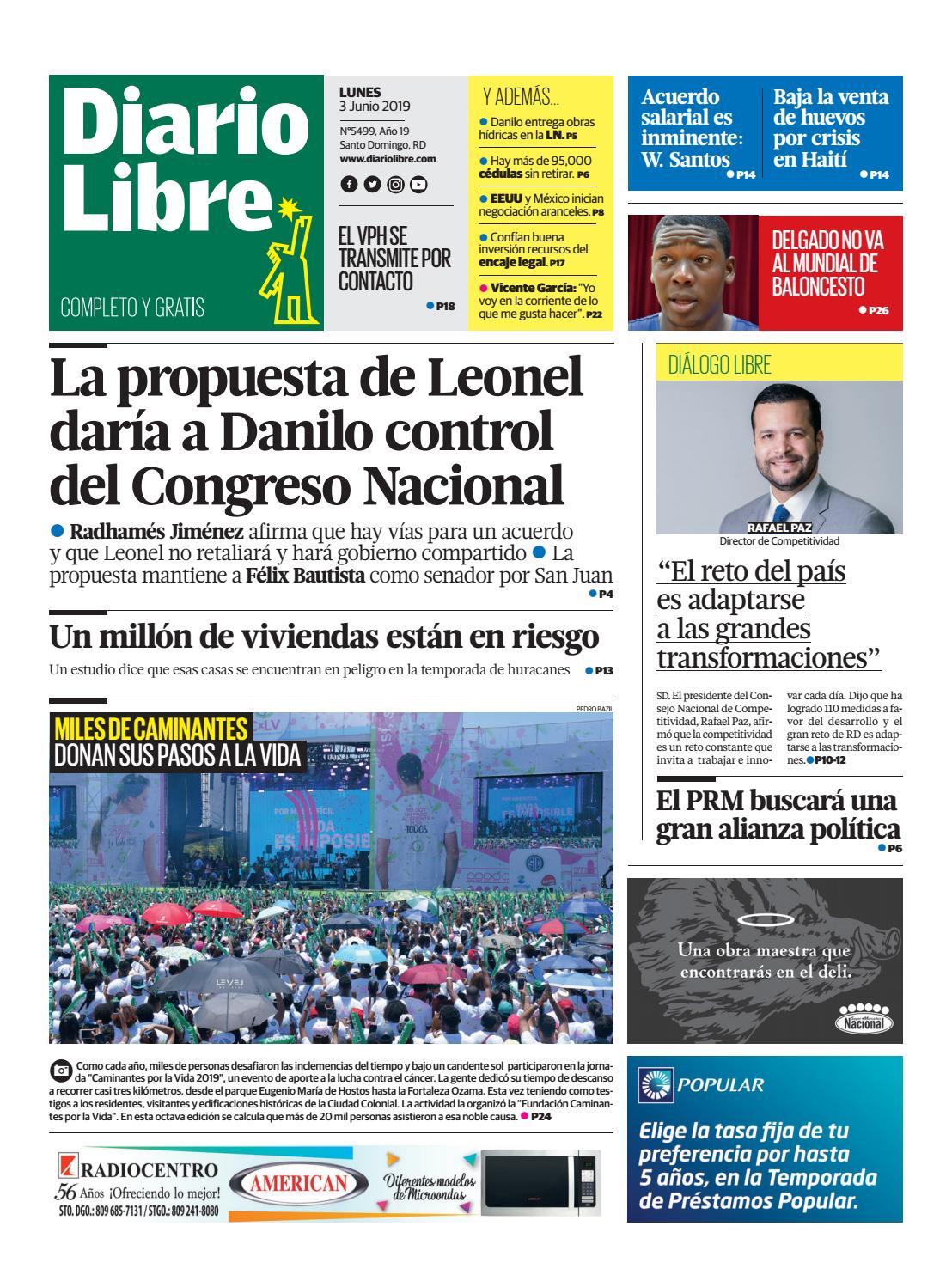 Portada Periódico Diario Libre, Lunes 03 Junio 2019