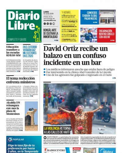 Portada Periódico Diario Libre, Lunes 10 Junio 2019