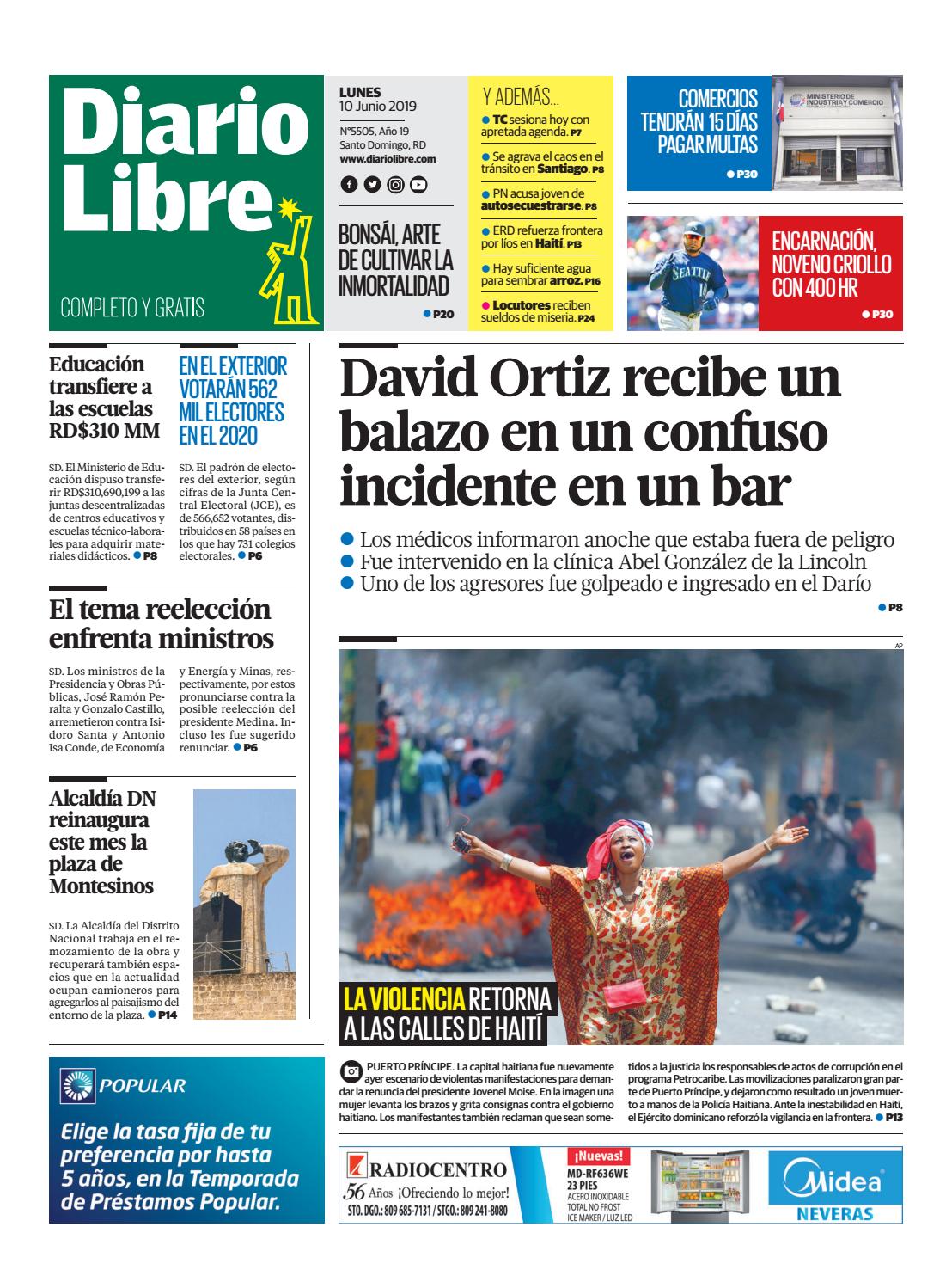 Portada Periódico Diario Libre, Lunes 10 Junio 2019