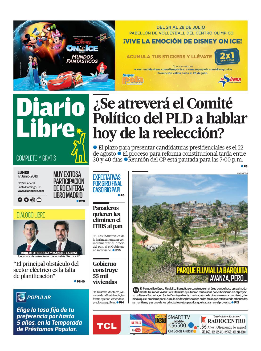 Portada Periódico Diario Libre, Lunes 17 Junio 2019