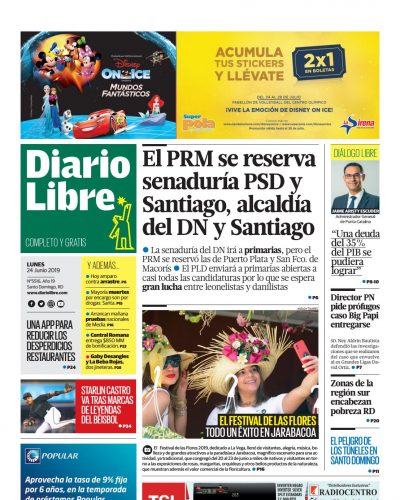 Portada Periódico Diario Libre, Lunes 24 Junio 2019