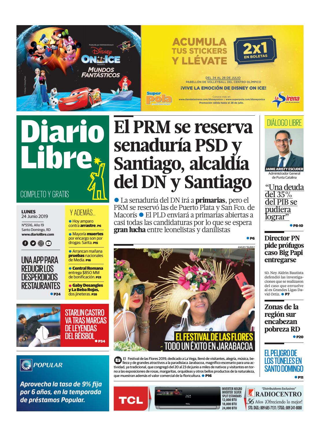 Portada Periódico Diario Libre, Lunes 24 Junio 2019