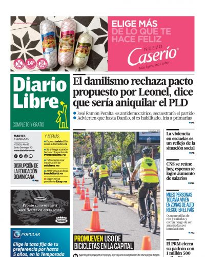 Portada Periódico Diario Libre, Martes 04 Junio 2019