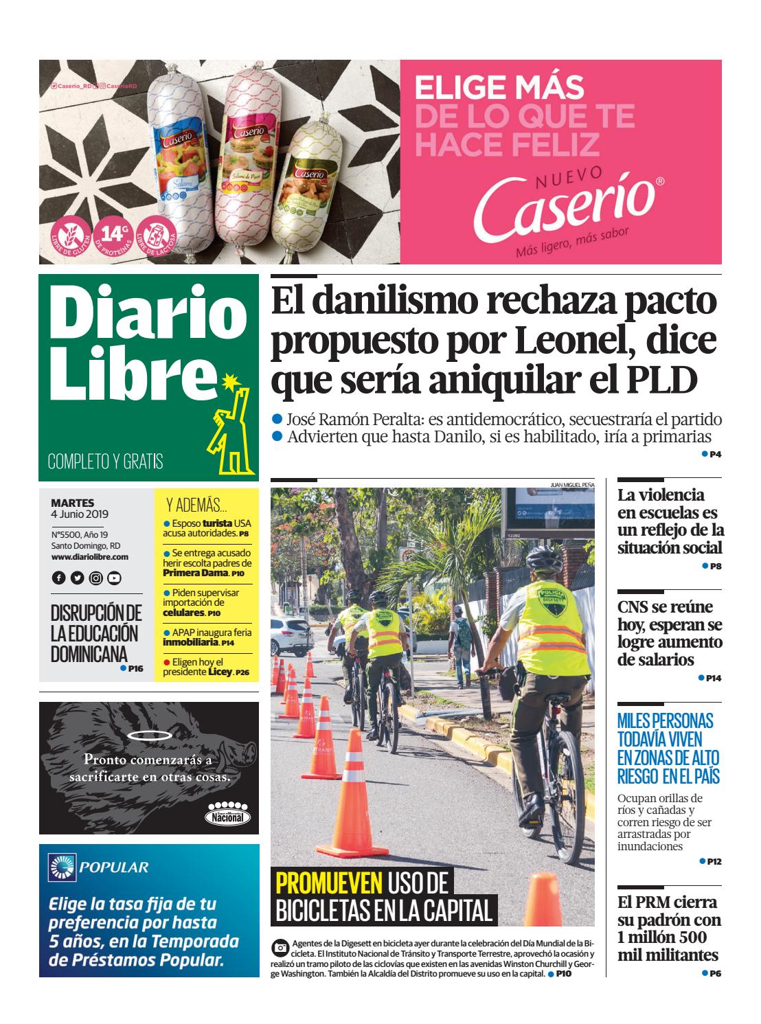 Portada Periódico Diario Libre, Martes 04 Junio 2019
