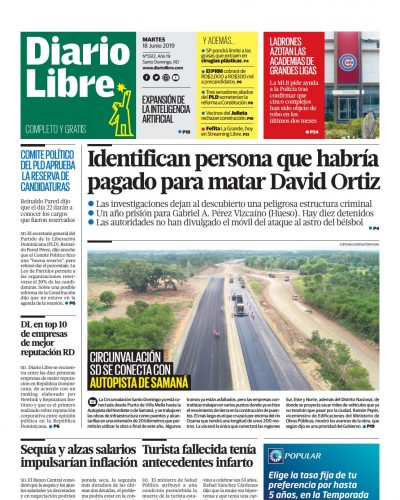 Portada Periódico Diario Libre, Martes 18 Junio 2019