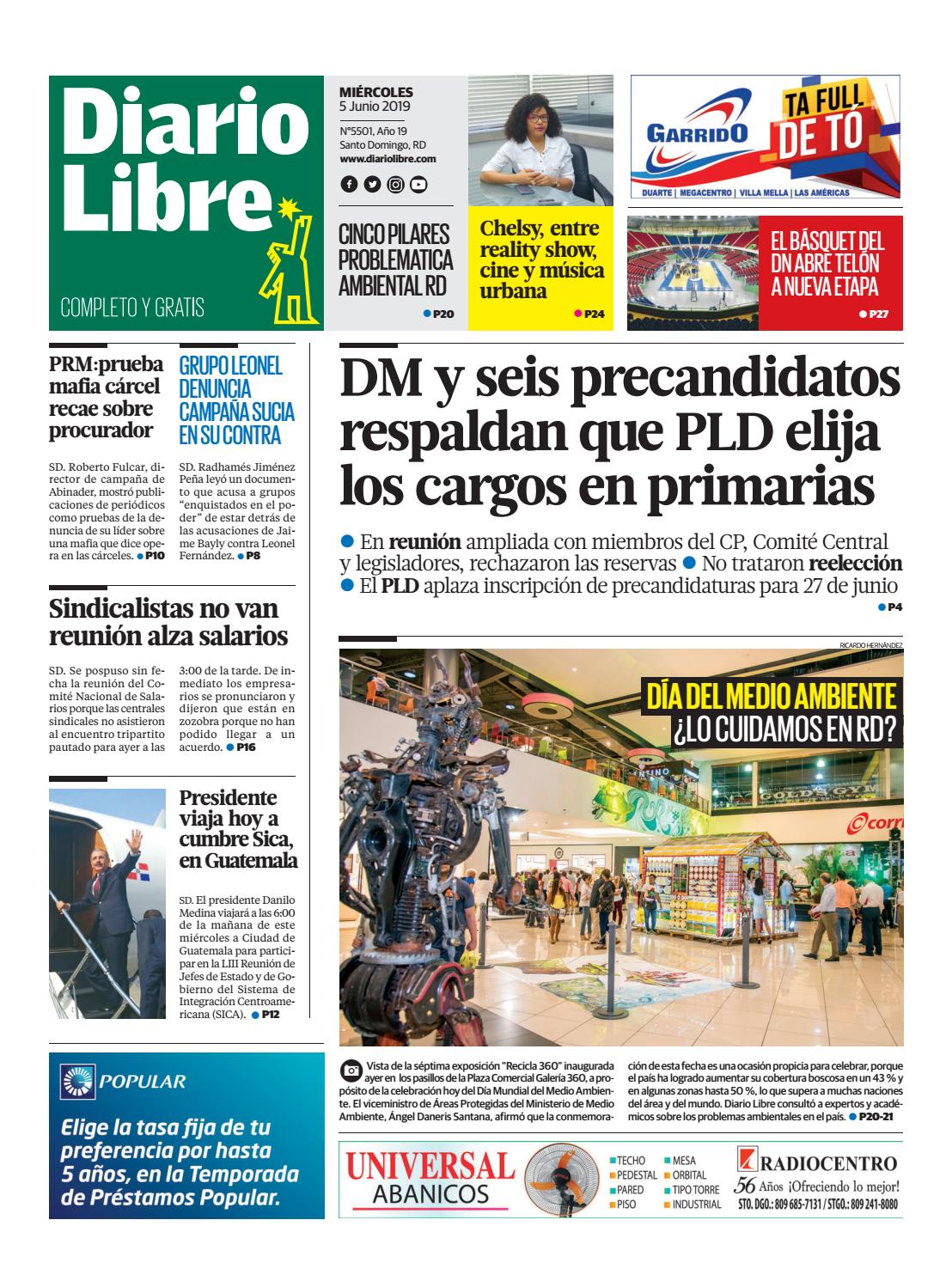 Portada Periódico Diario Libre, Miércoles 05 Junio 2019