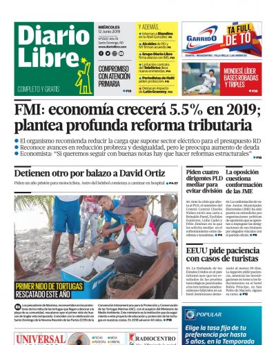 Portada Periódico Diario Libre, Miércoles 12 Junio 2019