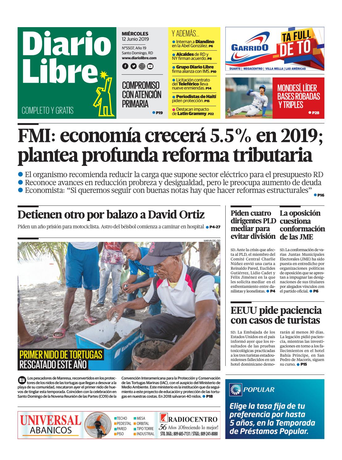Portada Periódico Diario Libre, Miércoles 12 Junio 2019