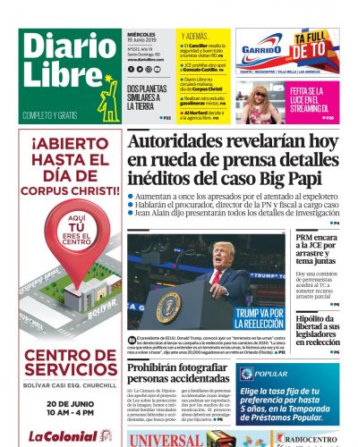 Portada Periódico Diario Libre, Miércoles 19 Junio 2019