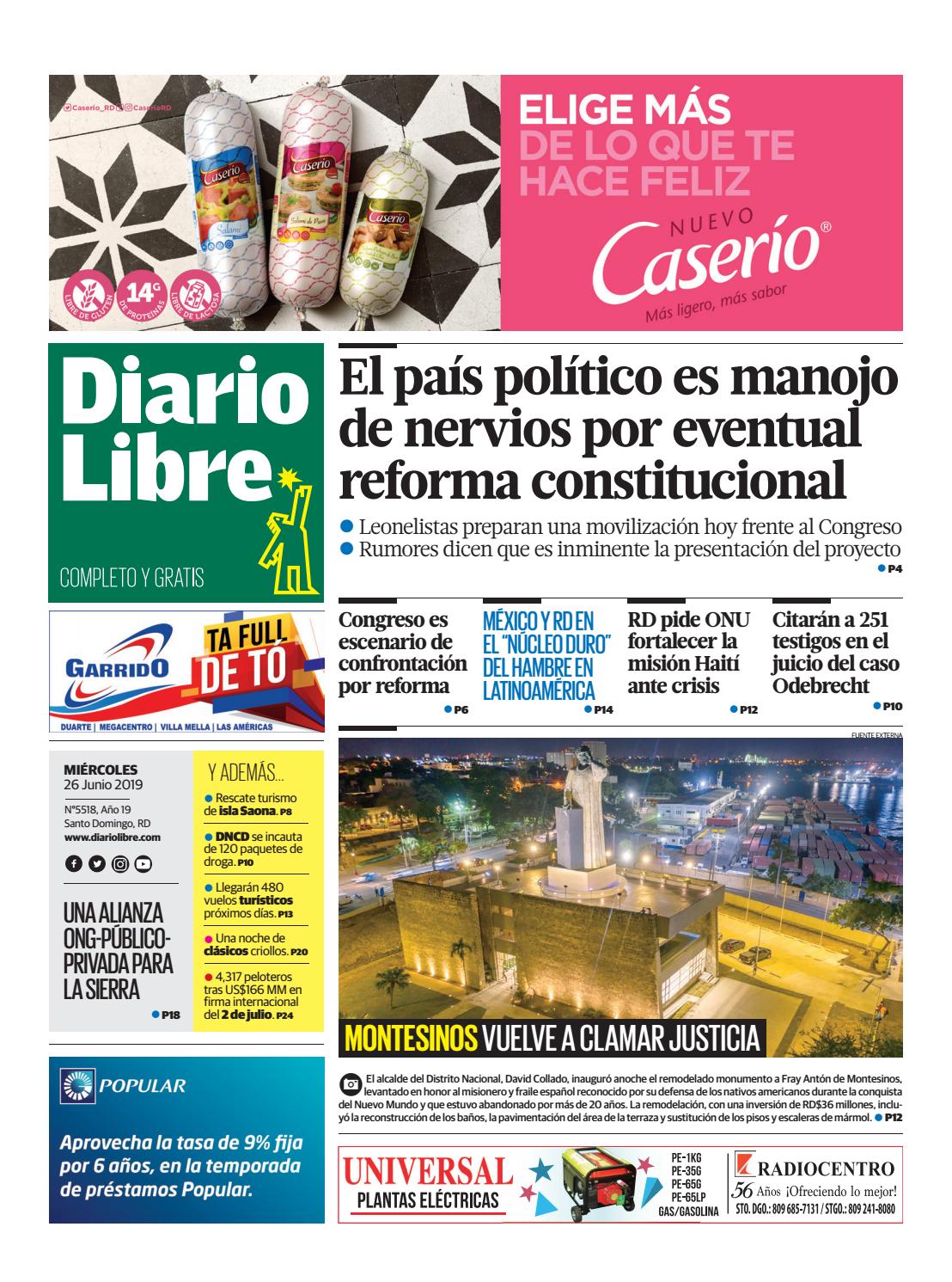 Portada Periódico Diario Libre, Miércoles 26 Junio 2019