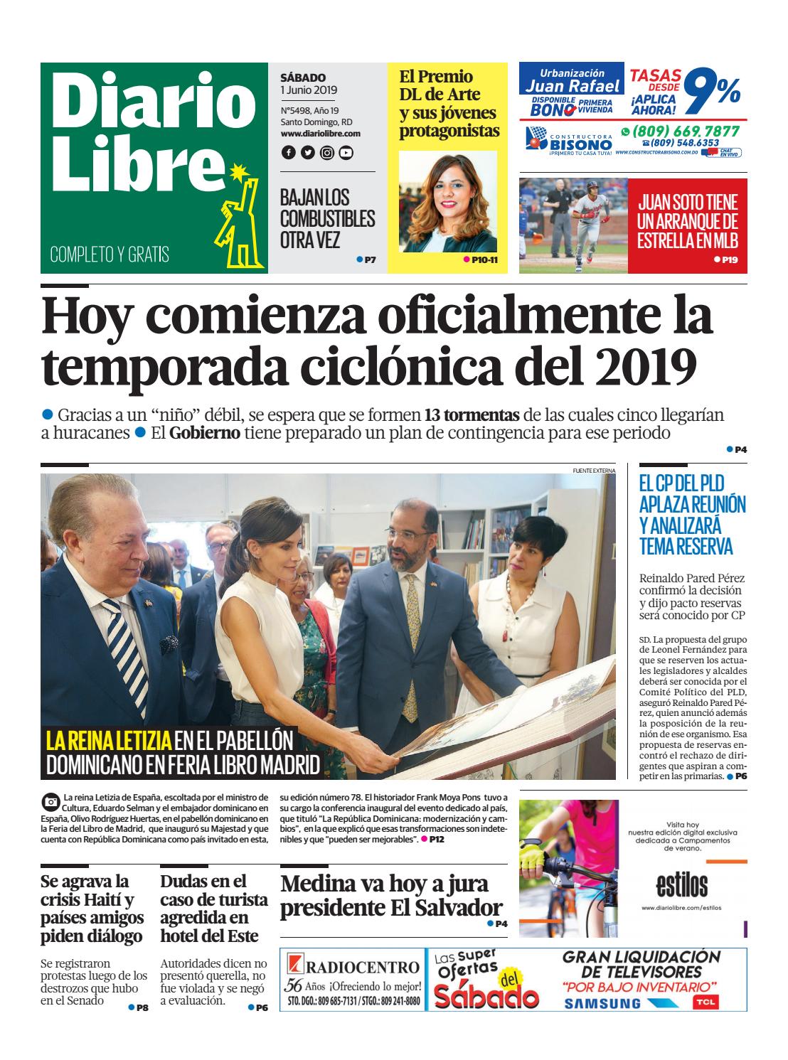 Portada Periódico Diario Libre, Sábado 01 Junio 2019