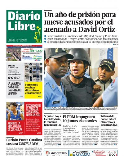 Portada Periódico Diario Libre, Sábado 15 Junio 2019