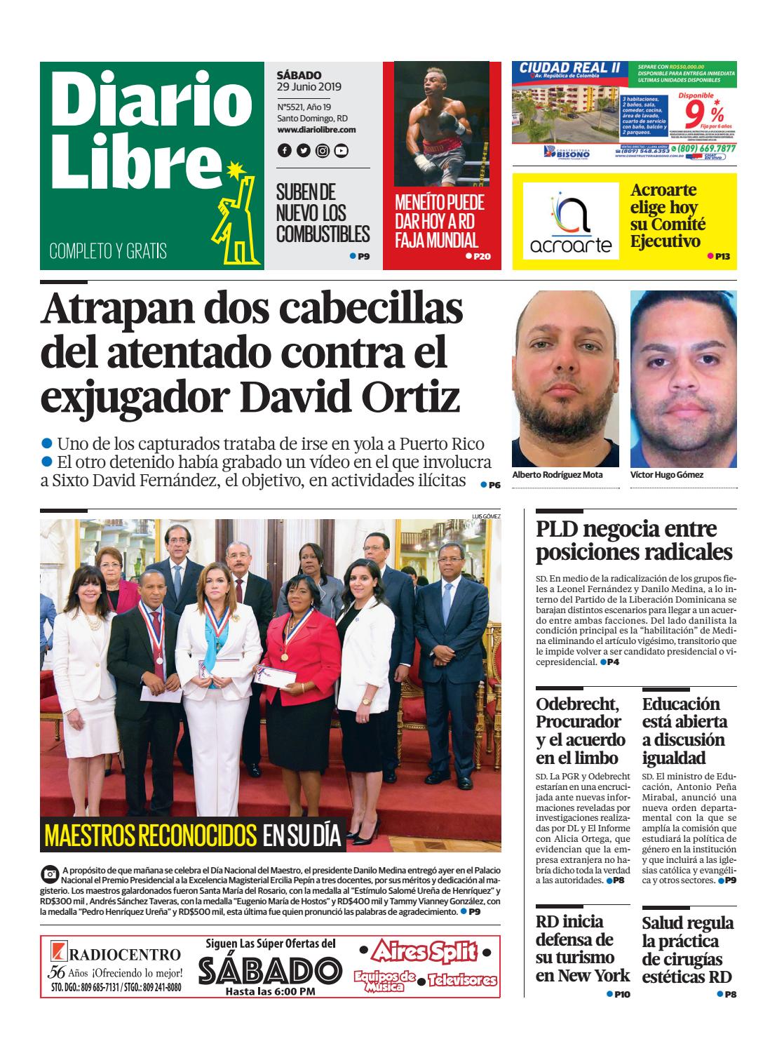 Portada Periódico Diario Libre, Sábado 29 Junio 2019