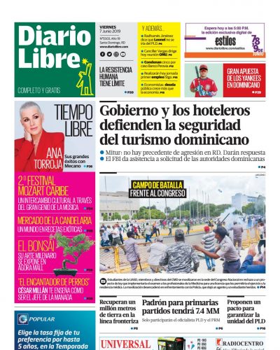 Portada Periódico Diario Libre, Viernes 07 Junio 2019